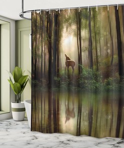Fern Green Brown Cocoa Nature Shower Curtain with Deer in The Forest Reflection on Lake Graphic for a Woodland Bathroom Decor