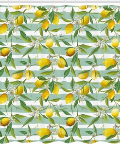 Fern Green Seafoam Nature Shower Curtain with Lemon Tree and Striped Paintbrush Background Design for a Fresh Bathroom Decor