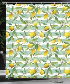 Fern Green Seafoam Nature Shower Curtain with Lemon Tree and Striped Paintbrush Background Design for a Fresh Bathroom Decor