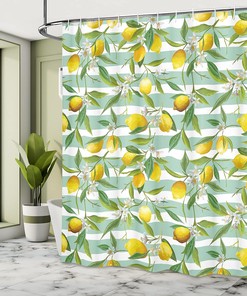 Fern Green Seafoam Nature Shower Curtain with Lemon Tree and Striped Paintbrush Background Design for a Fresh Bathroom Decor