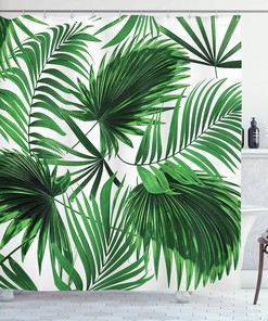 Fern Green White Palm Leaf Shower Curtain, Realistic Vivid Leaves of Palm Tree Ecology Botany Print, Bathroom Decor 