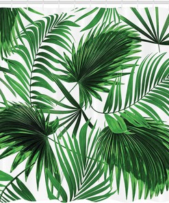 Fern Green White Palm Leaf Shower Curtain, Realistic Vivid Leaves of Palm Tree Ecology Botany Print, Bathroom Decor