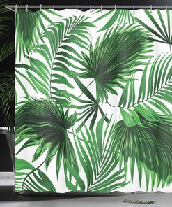 Fern Green White Palm Leaf Shower Curtain, Realistic Vivid Leaves of Palm Tree Ecology Botany Print, Bathroom Decor 