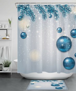 Festive Christmas Ball Shower Curtain, Blue Snowflake and Fir Tree Branch Design, Bathroom Decor