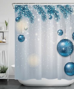 Festive Christmas Ball Shower Curtain, Blue Snowflake and Fir Tree Branch Design, Bathroom Decor