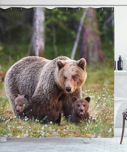 Finnish Wilderness Shower Curtain, Mother Bear and Cubs in Nordic Forest, Cloth Bathroom Decor WL, Fern Green and Cocoa 