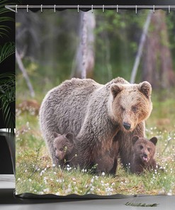 Finnish Wilderness Shower Curtain, Mother Bear and Cubs in Nordic Forest, Cloth Bathroom Decor WL, Fern Green and Cocoa 