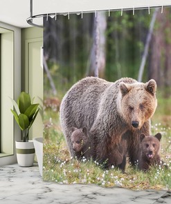 Finnish Wilderness Shower Curtain, Mother Bear and Cubs in Nordic Forest, Cloth Bathroom Decor WL, Fern Green and Cocoa 