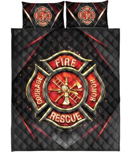 Firefighter Badge Black Red Firemen Unique Gift Idea for All Season Quilt Blanket