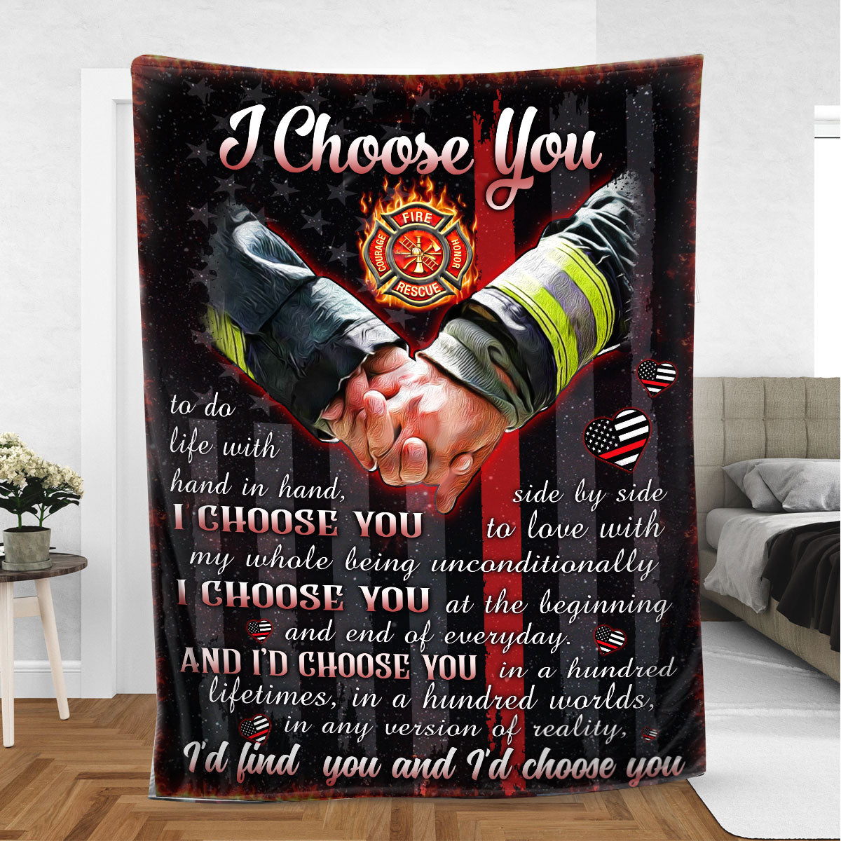 Firefighter Blanket, Firefighter I Choose You Husband Wife Couple Gift Sherpa Fleece Blanket, Soft Cozy Plush Throw Blanket