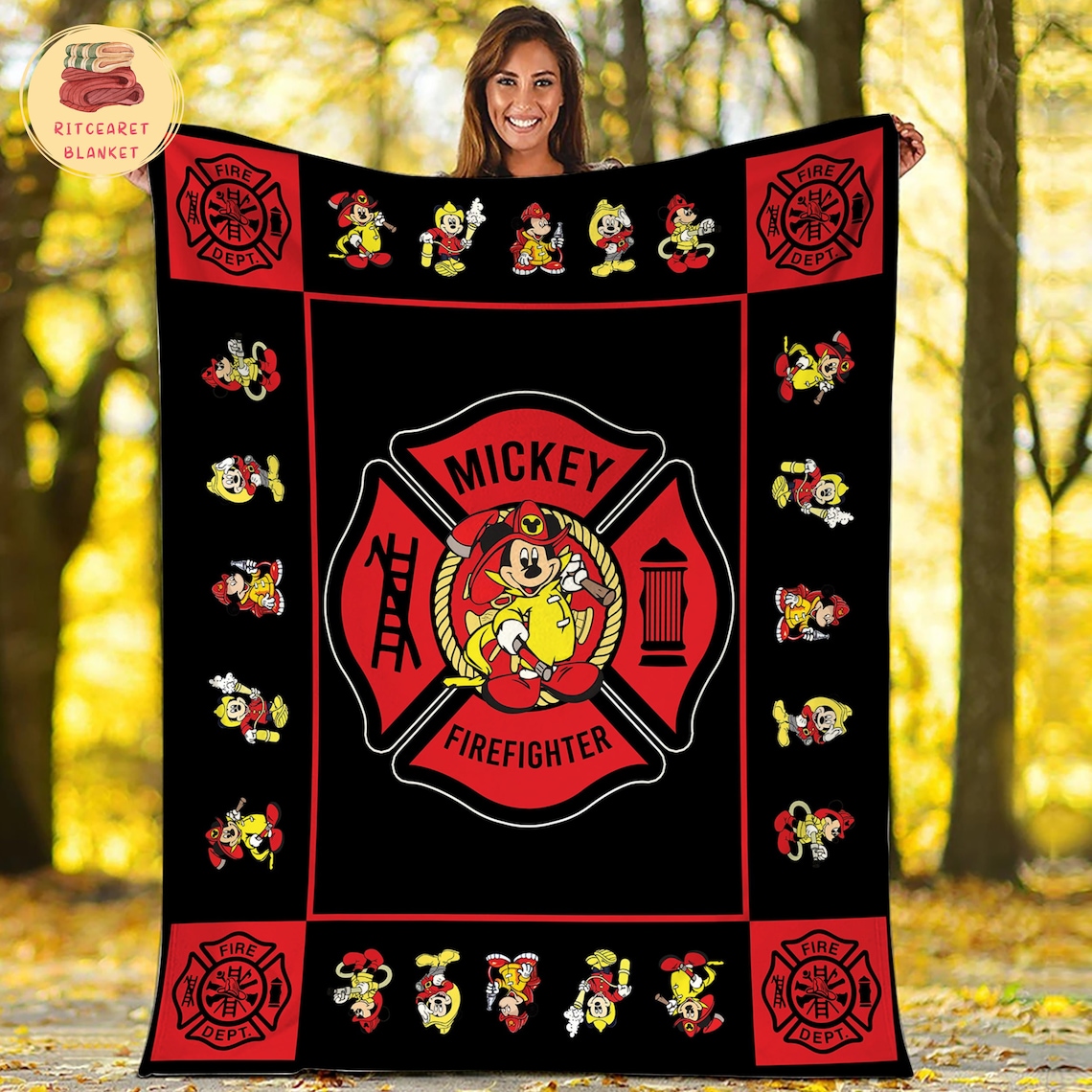 Firefighter Mickey Fleece Sherpa Blanket, Firefighter Blanket, Firefighter Quilt, Mickey Blanket, Mickey Mouse Blanket