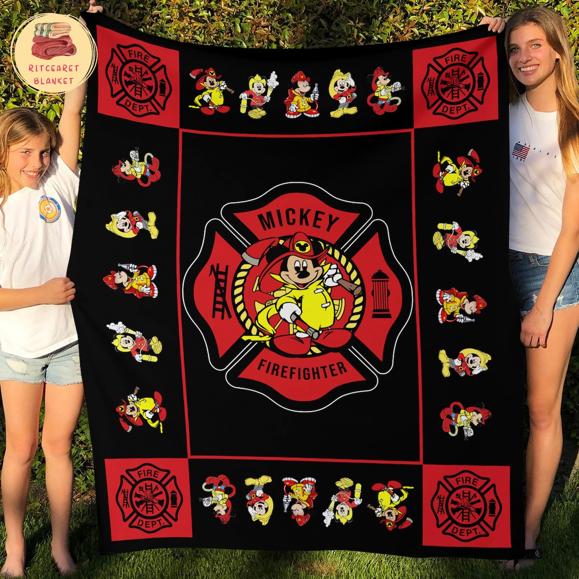 Firefighter Mickey Fleece Sherpa Blanket, Firefighter Blanket, Firefighter Quilt, Mickey Blanket, Mickey Mouse Blanket