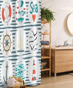 Fish Gulls Lighthouse Sea Set Nautical Stall Shower Curtain, Fabric White Red Blue Bathroom Decor