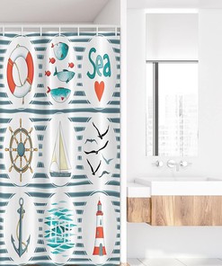 Fish Gulls Lighthouse Sea Set Nautical Stall Shower Curtain, Fabric White Red Blue Bathroom Decor