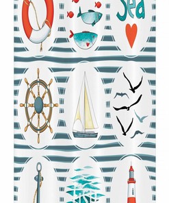Fish Gulls Lighthouse Sea Set Nautical Stall Shower Curtain, Fabric White Red Blue Bathroom Decor