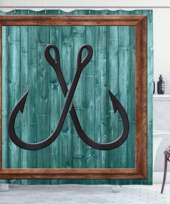 Fishing Lures Anchor Nautical Bathroom Decor Shower Curtain Teal Brown Rustic Farmhouse