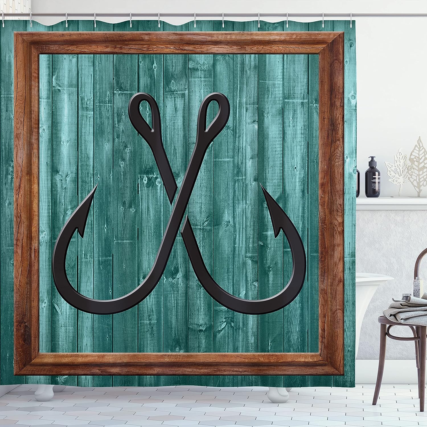 Fishing Lures Anchor Nautical Bathroom Decor Shower Curtain Teal Brown Rustic Farmhouse