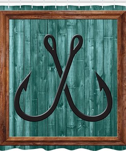 Fishing Lures Anchor Nautical Bathroom Decor Shower Curtain Teal Brown Rustic Farmhouse