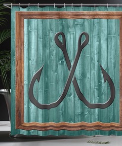Fishing Lures Anchor Nautical Bathroom Decor Shower Curtain Teal Brown Rustic Farmhouse