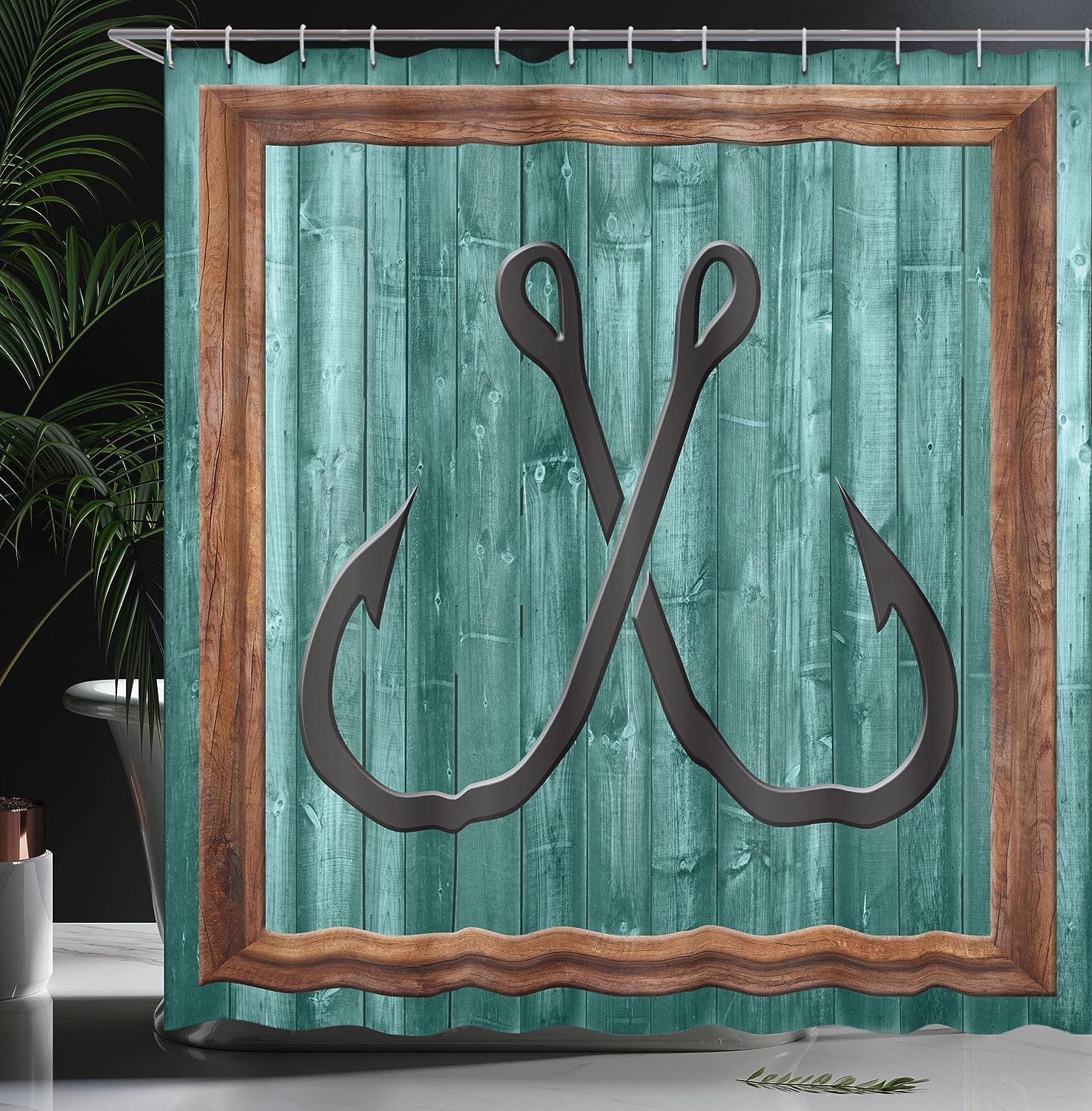Fishing Lures Anchor Nautical Bathroom Decor Shower Curtain Teal Brown Rustic Farmhouse