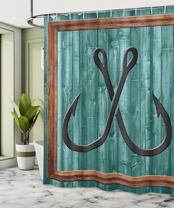 Fishing Lures Anchor Nautical Bathroom Decor Shower Curtain Teal Brown Rustic Farmhouse