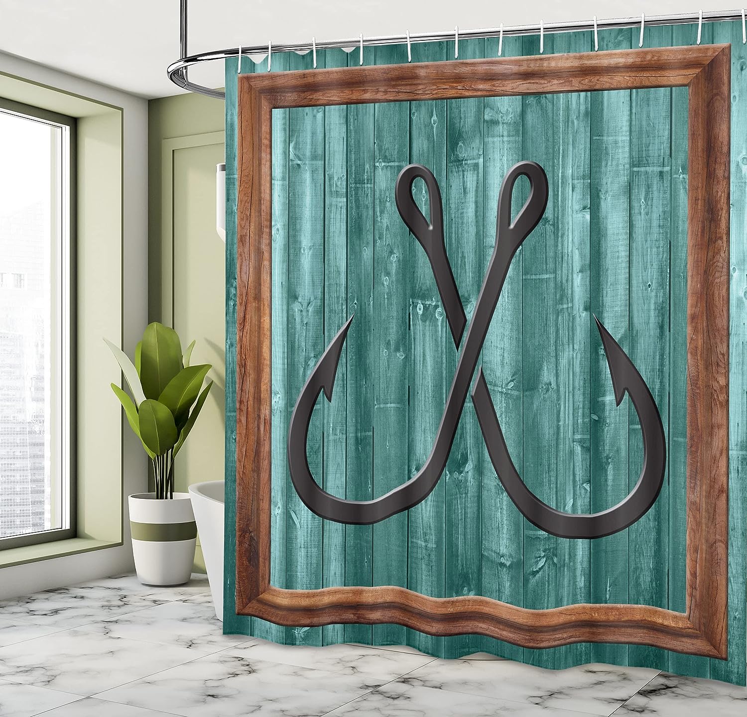 Fishing Lures Anchor Nautical Bathroom Decor Shower Curtain Teal Brown Rustic Farmhouse