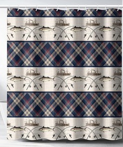Fishing Nautical Theme Retro Shower Curtain for Rustic Bathroom Decor