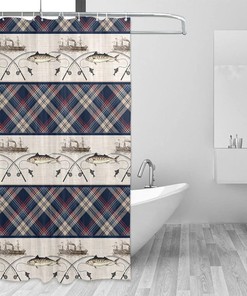 Fishing Nautical Theme Retro Shower Curtain for Rustic Bathroom Decor