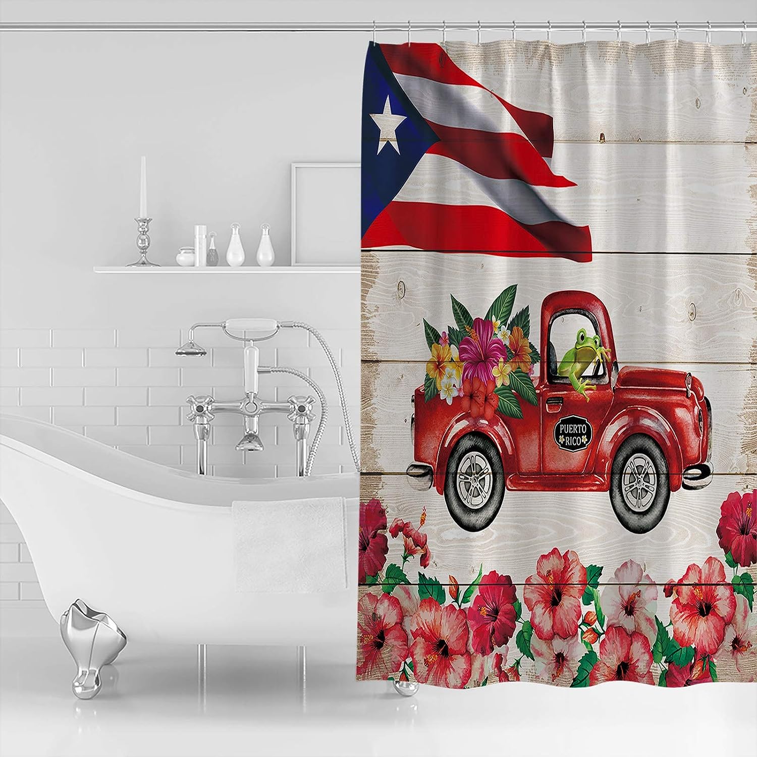 Flag Frog Hibiscus Truck Shower Curtain - Patriotic Bathroom Decor