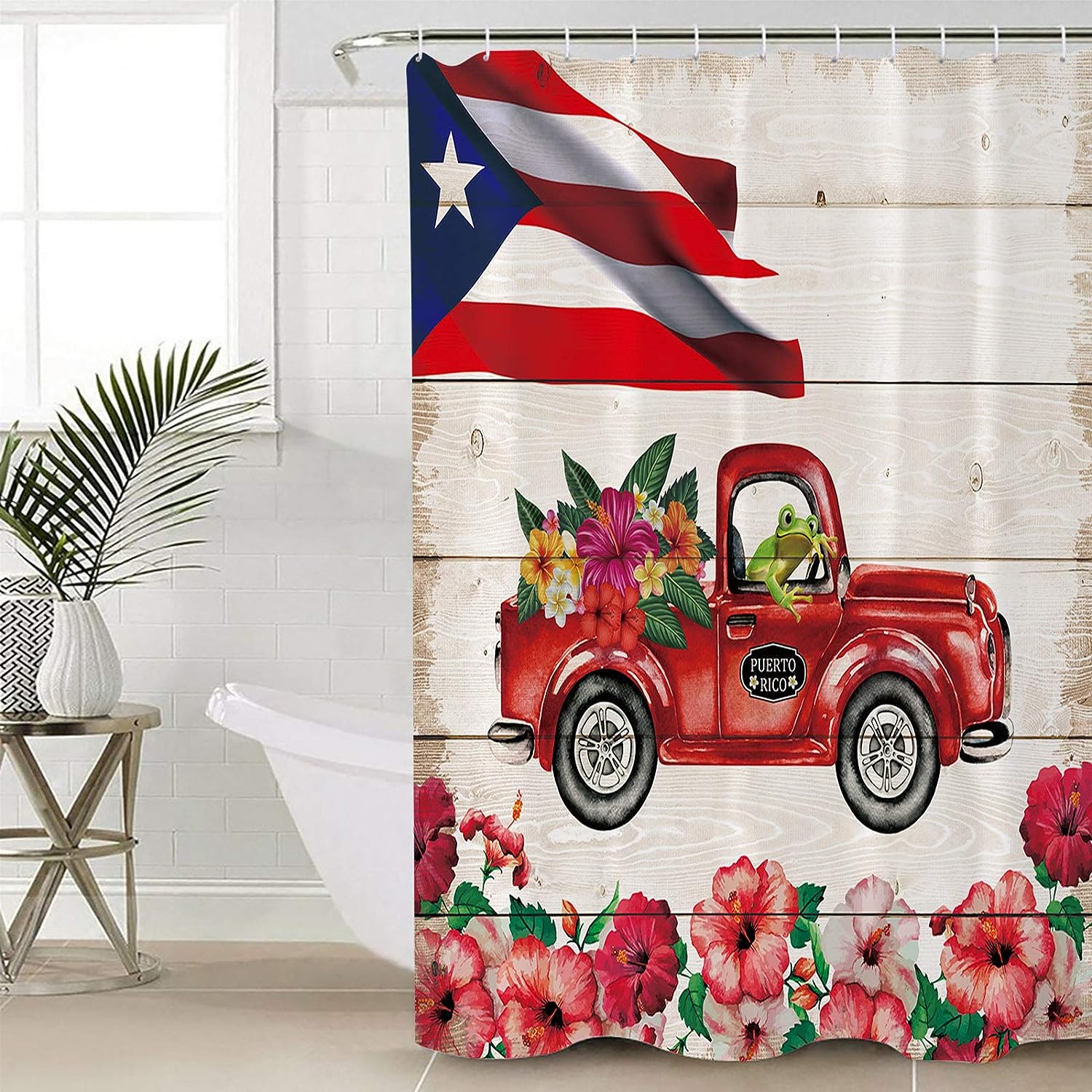 Flag Frog Hibiscus Truck Shower Curtain - Patriotic Bathroom Decor