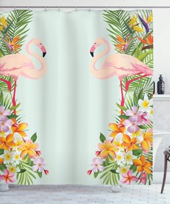 Flamingo Birds Tropical Flowers Cloth Fabric Shower Curtain, Exotic Hawaiian Wildlife Animals Print, Bathroom Decor