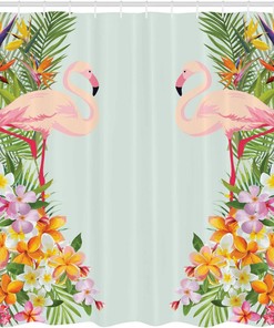 Flamingo Birds Tropical Flowers Cloth Fabric Shower Curtain, Exotic Hawaiian Wildlife Animals Print, Bathroom Decor