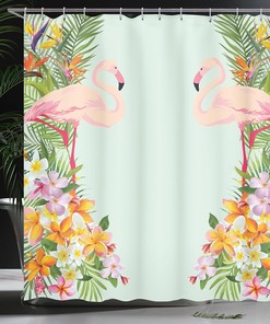 Flamingo Birds Tropical Flowers Cloth Fabric Shower Curtain, Exotic Hawaiian Wildlife Animals Print, Bathroom Decor