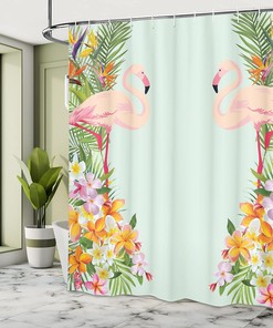 Flamingo Birds Tropical Flowers Cloth Fabric Shower Curtain, Exotic Hawaiian Wildlife Animals Print, Bathroom Decor