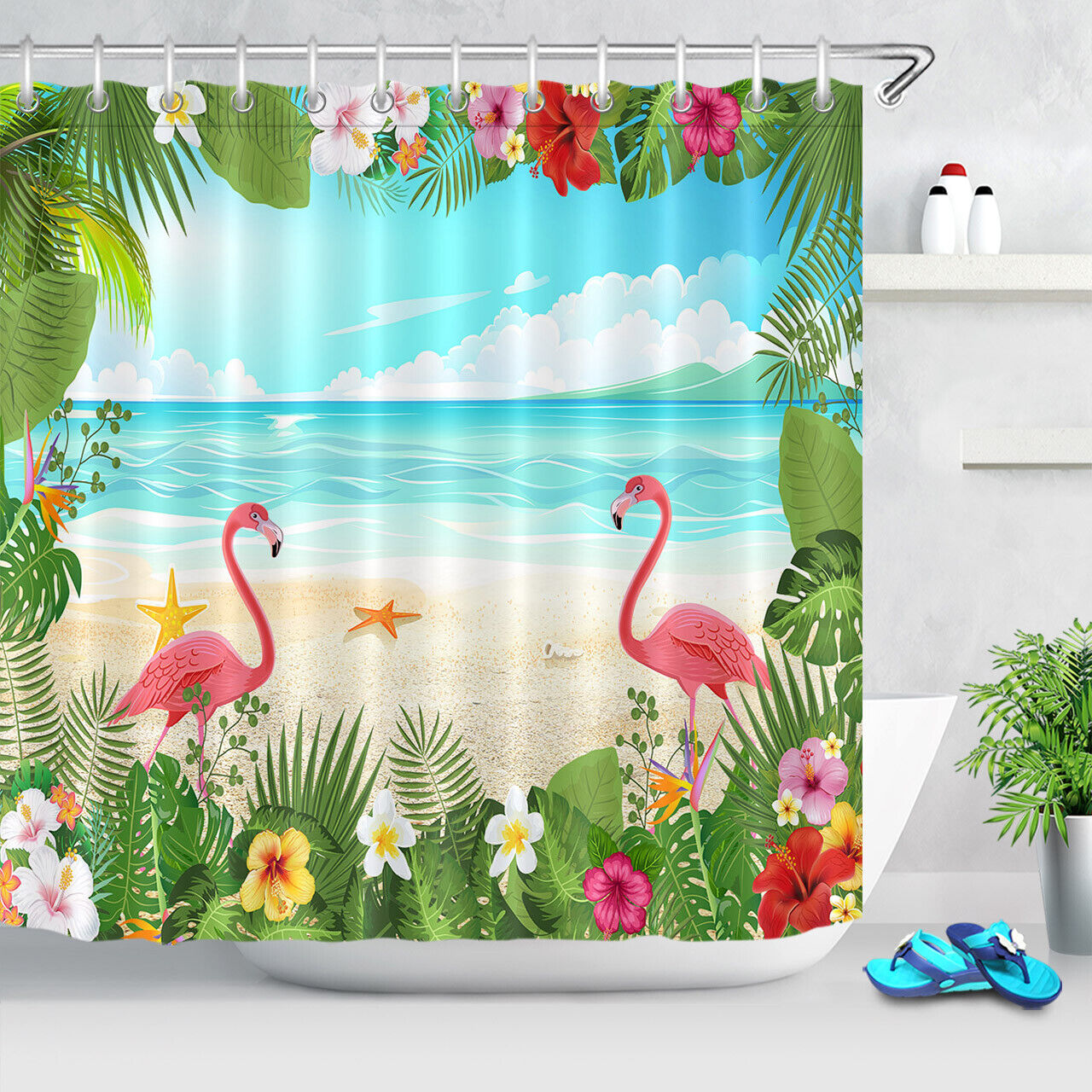 Flamingo Leaf Fabric Shower Curtain Bathroom Decor