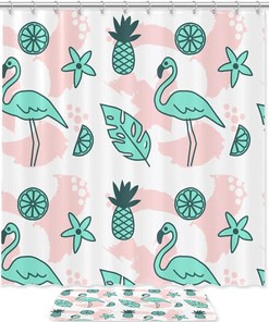 Flamingo and Pineapple Waterproof Shower Curtain for Tropical Bathroom Decor
