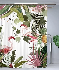 Flamingo and Tropical Leaf Boho Shower Curtain for Bathroom