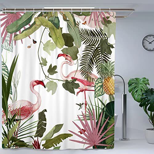 Flamingo And Tropical Leaf Boho Shower Curtain For Bathroom Bluefink