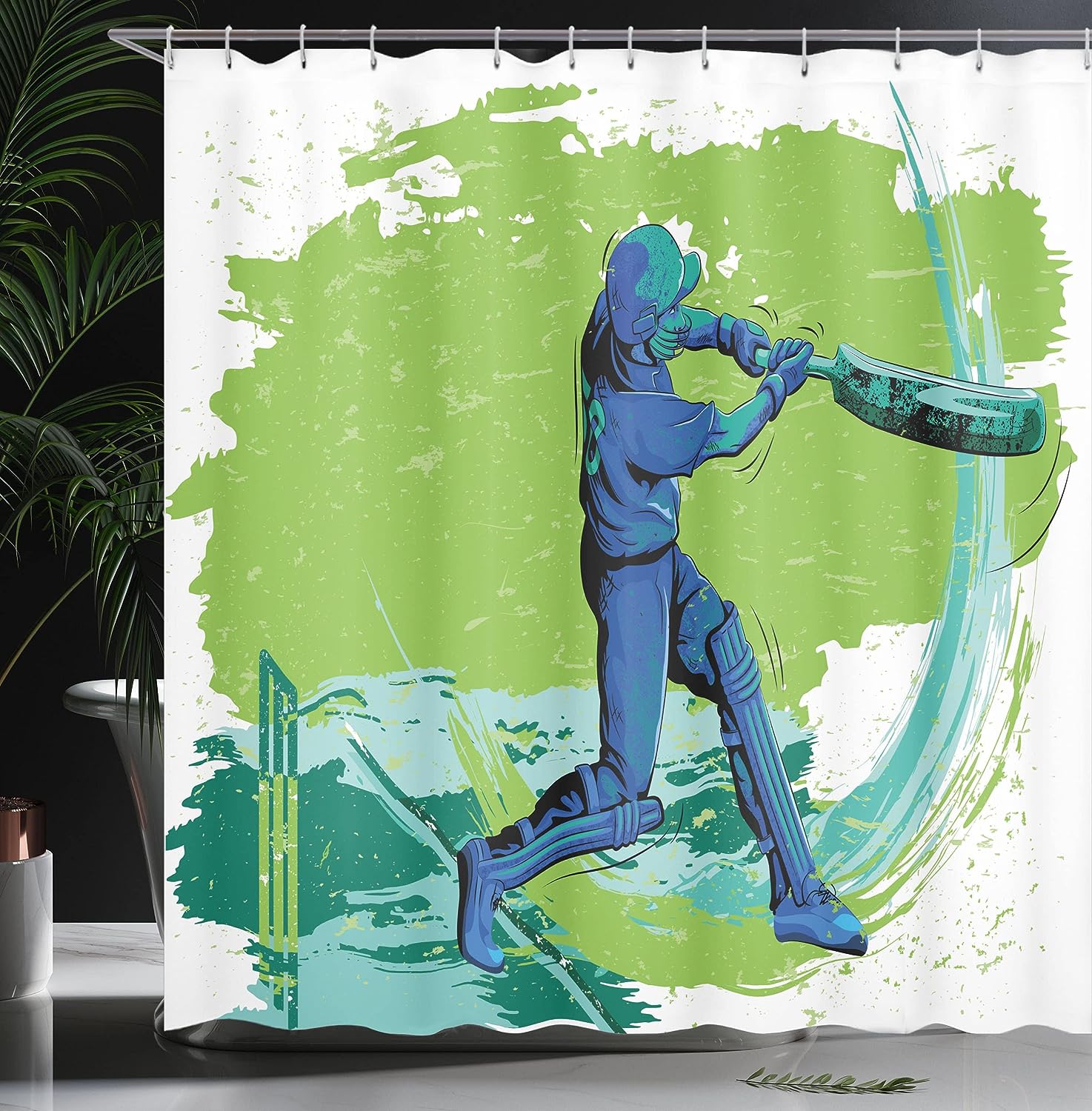 Flat Sports Elements Shower Curtain, Vintage Bathroom Decor with Bowling Tennis Golf Baseball, Cream Burgundy Earth Yellow Cloth Fabric