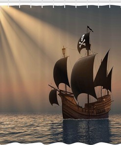 Floating Pirate Ship in Ocean Shower Curtain Bathroom Decor