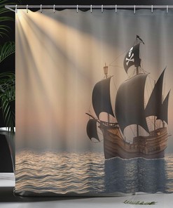 Floating Pirate Ship in Ocean Shower Curtain Bathroom Decor