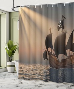 Floating Pirate Ship in Ocean Shower Curtain Bathroom Decor