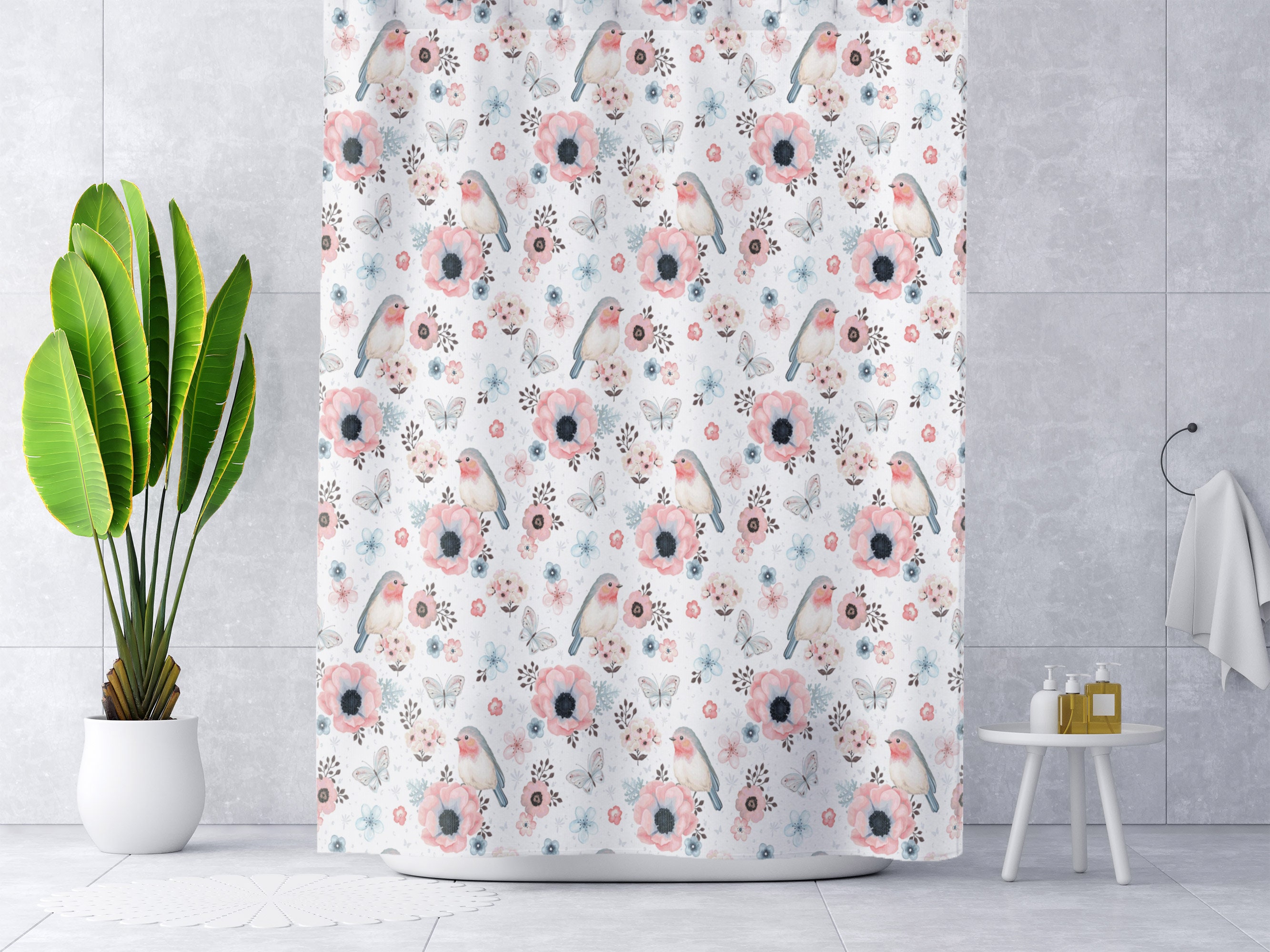 Floral Bird Shower Curtain for Cute Bird Bathroom Decor and Bird Watcher Gift