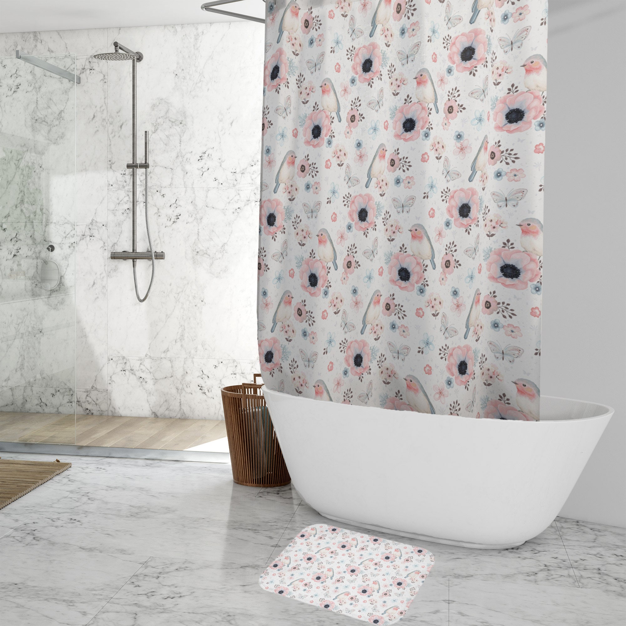 Floral Bird Shower Curtain for Cute Bird Bathroom Decor and Bird Watcher Gift