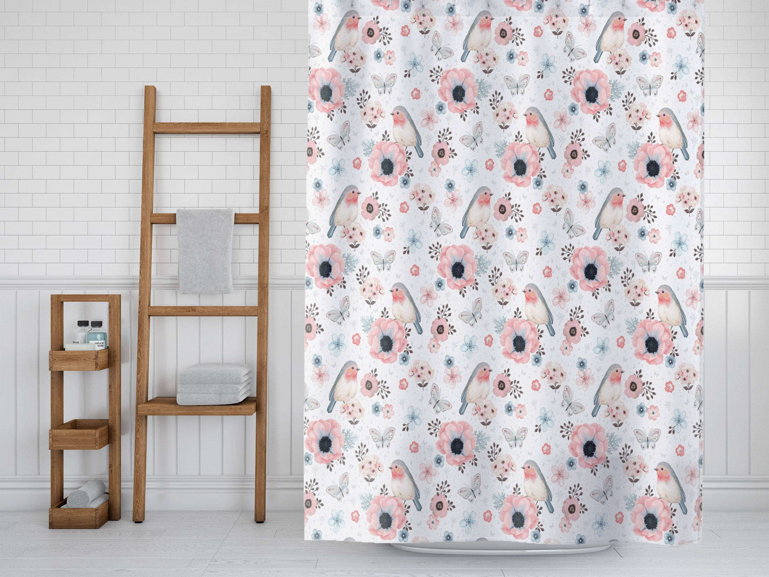 Floral Bird Shower Curtain for Cute Bird Bathroom Decor and Bird Watcher Gift