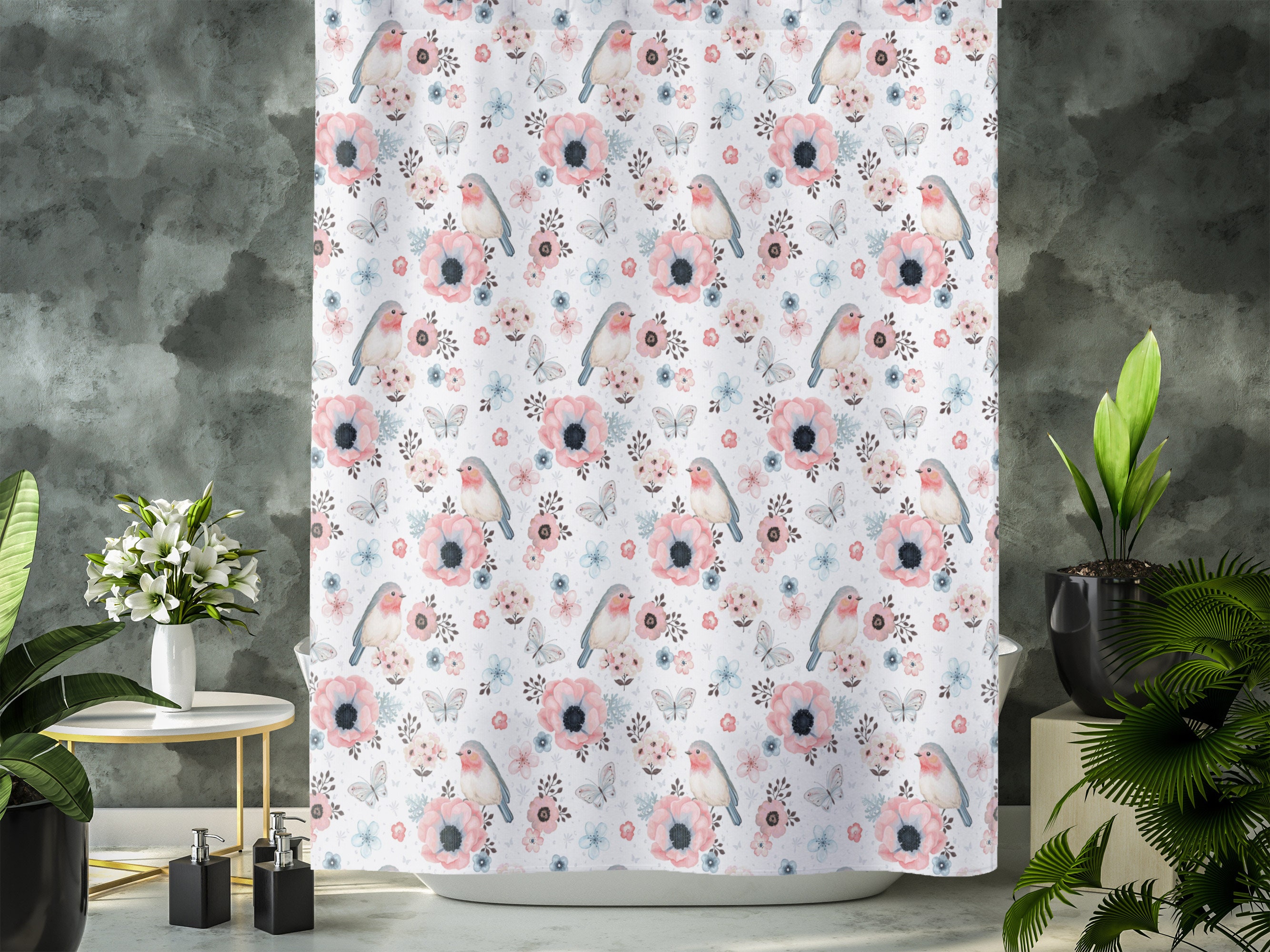 Floral Bird Shower Curtain for Cute Bird Bathroom Decor and Bird Watcher Gift