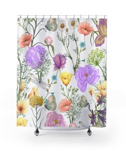 Floral Butterfly Print Shower Curtain, Boho Style Bathroom Decor 