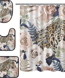 Floral Vintage Leopard Shower Curtain with U-Shaped Contour for Classic Bathroom Decor