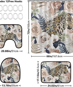 Floral Vintage Leopard Shower Curtain with U-Shaped Contour for Classic Bathroom Decor