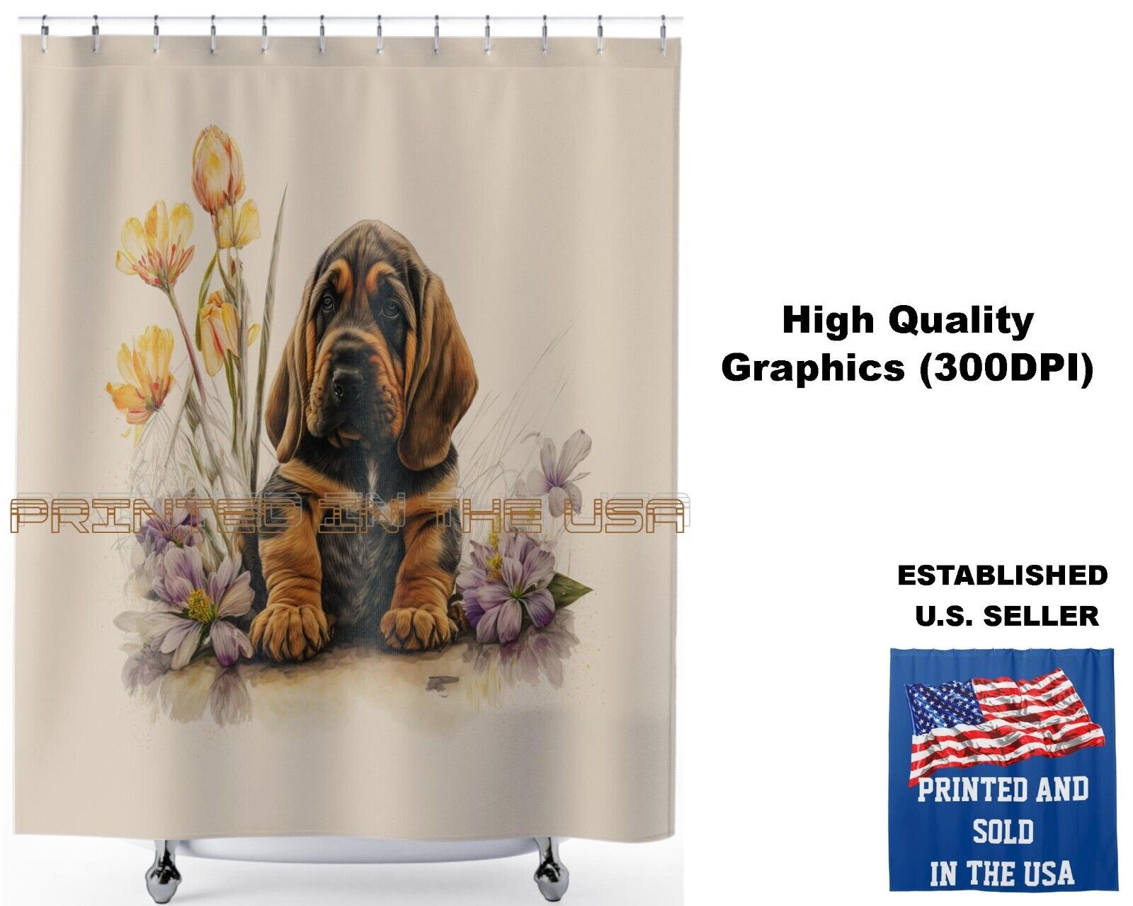 Floral Watercolor Bloodhound Shower Curtain for Cute Bathroom Decor